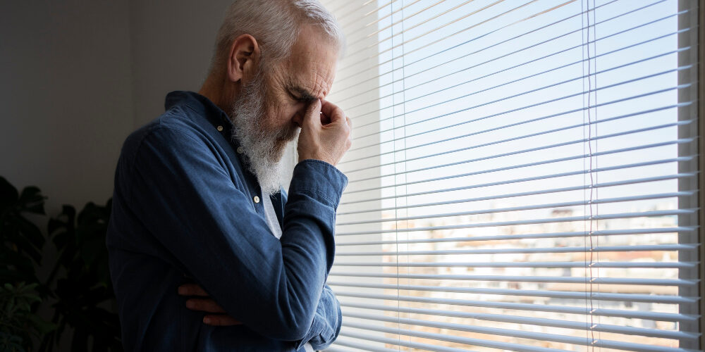 low vision difficulties Ηλικιωμένος άνδρας στέκεται κοντά στο παράθυρο, με σκυμμένο κεφάλι και ακουμπάει το χέρι στα μάτια του